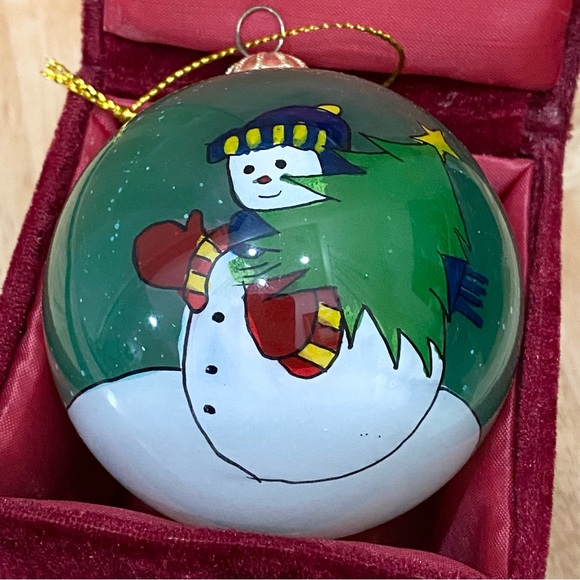 Retired Li Bien Green Snowman Carrying Christmas Tree Glass Ornament - Picture 1 of 7